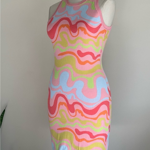 Nicole Miller Knit Psychedelic Colorful Wave Pattern Bodycon Sleeveless Dress XS - Picture 3 of 6